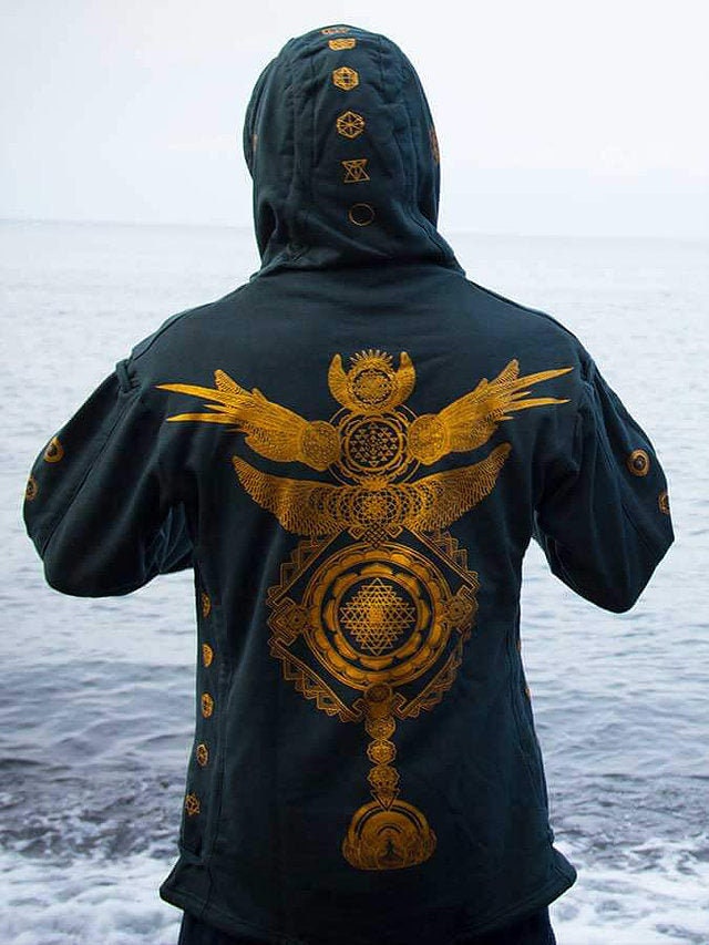 Mens JEDI II  HOODIE Sri YantraSacred Geometry Clothing Festival Clothing Crystal Infused Eco Friendly Seed of Creation