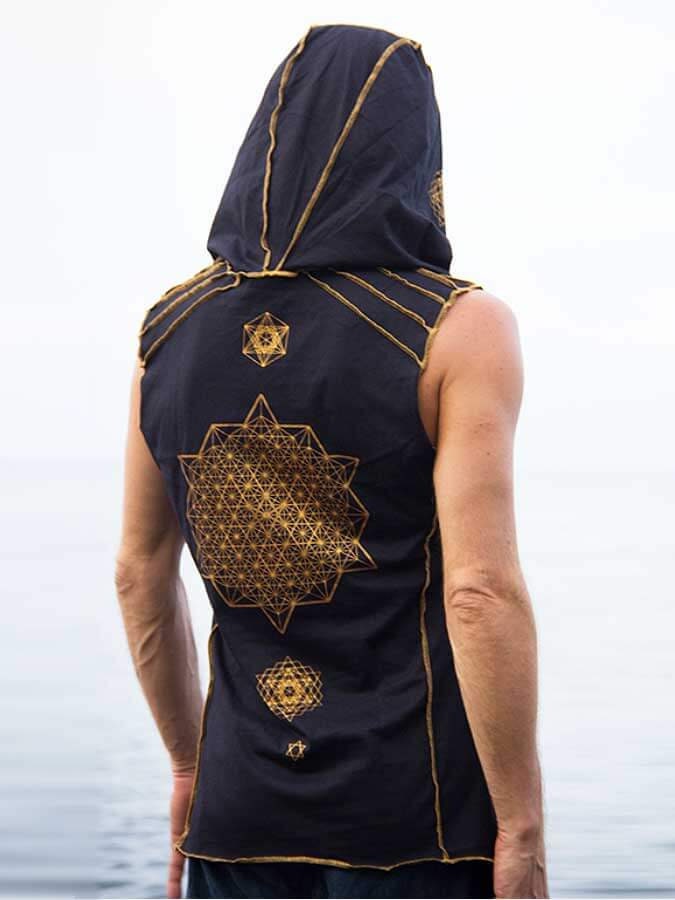 Crystal Infused Sleeveless Hooded T Shirt - Merkaba, Metatron Sacred Geometry Eco-Fashion Festival Clothing Crystal Infused Seed of Creation