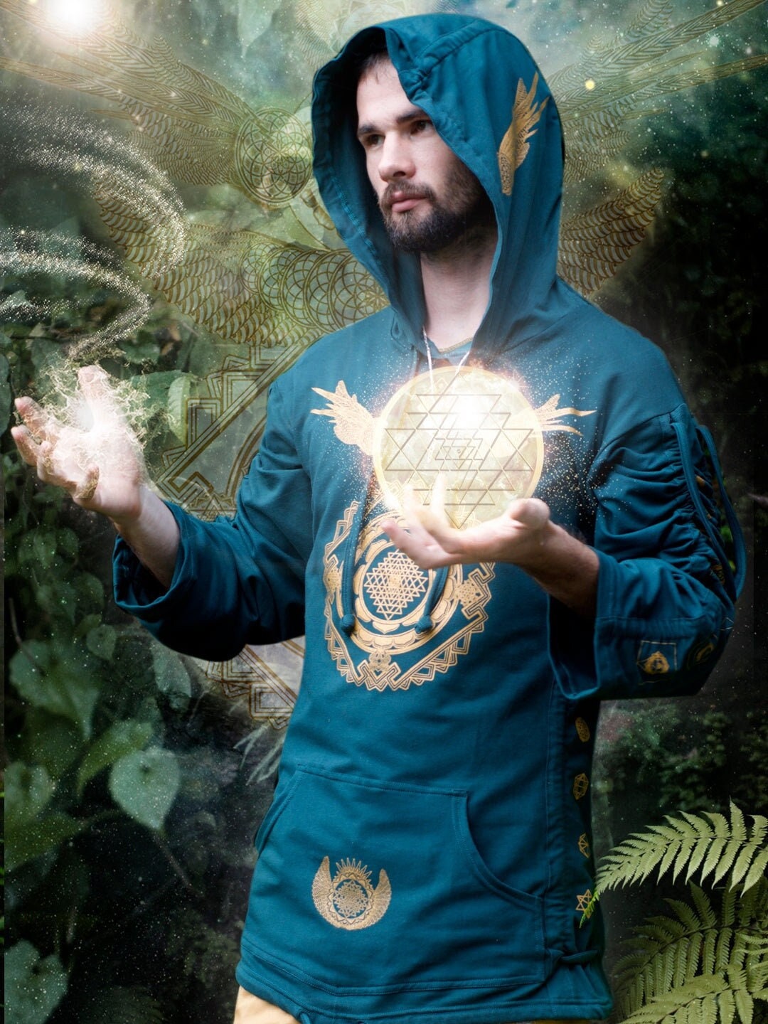 Mens JEDI II  HOODIE Sri YantraSacred Geometry Clothing Festival Clothing Crystal Infused Eco Friendly Seed of Creation