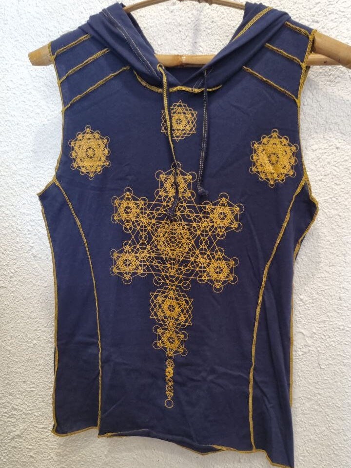 Crystal Infused Sleeveless Hooded T Shirt - Merkaba, Metatron Sacred Geometry Eco-Fashion Festival Clothing Crystal Infused Seed of Creation