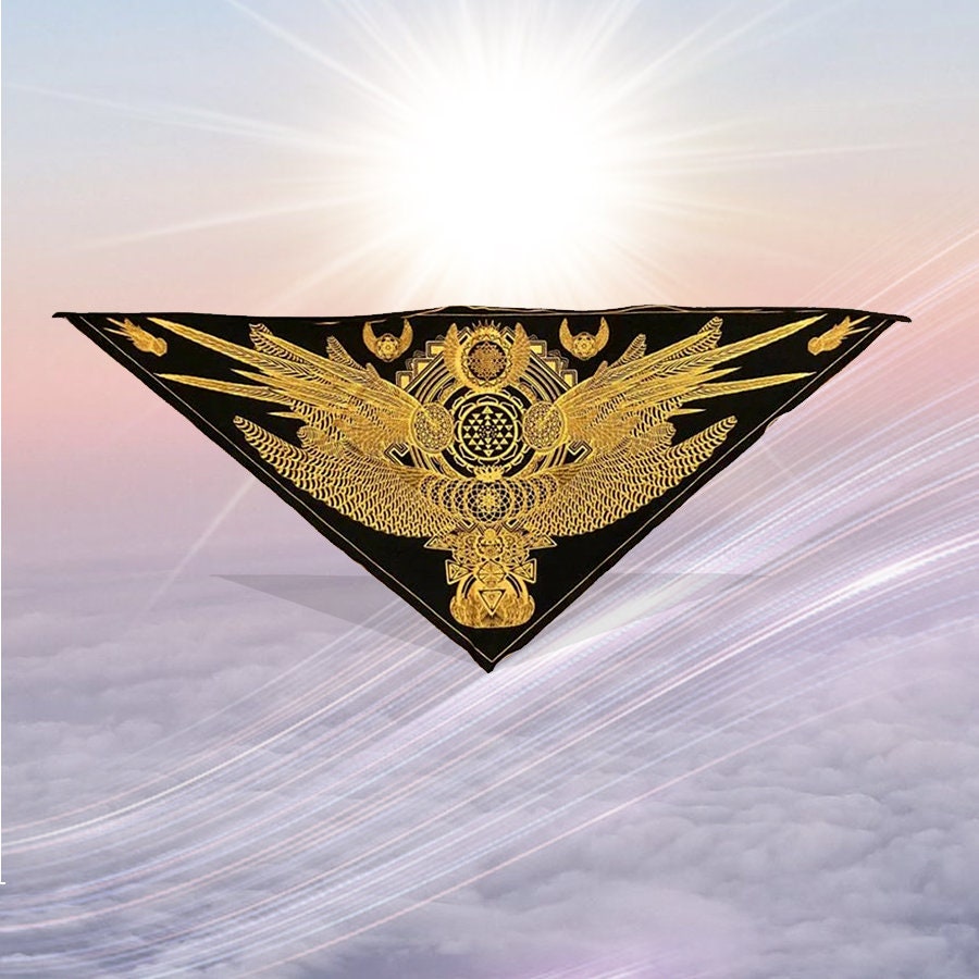 Crystal Infused Triangle Bandana - Bird Tribe Wings Sacred Geometry Organic Cotton-  Access Our Eyes - Seed of Creation.